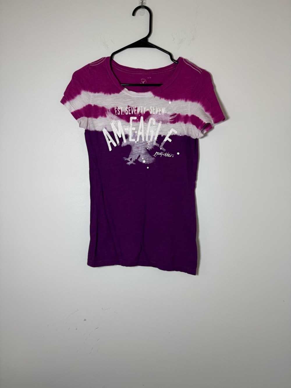 American Eagle Tie Dye Graphic Tee Small Purple Pink Logo Fitted T Shirt